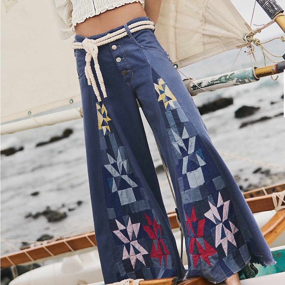 NWT Women's Free People We The Free Kaleidoscope Wide Leg Jeans Patchwork 28